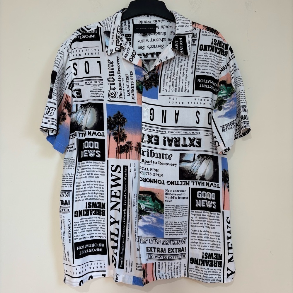 No Boundaries Beach Pop Art Newsprint Punk Hip Hop Y2K Vintage Cars button shirt
